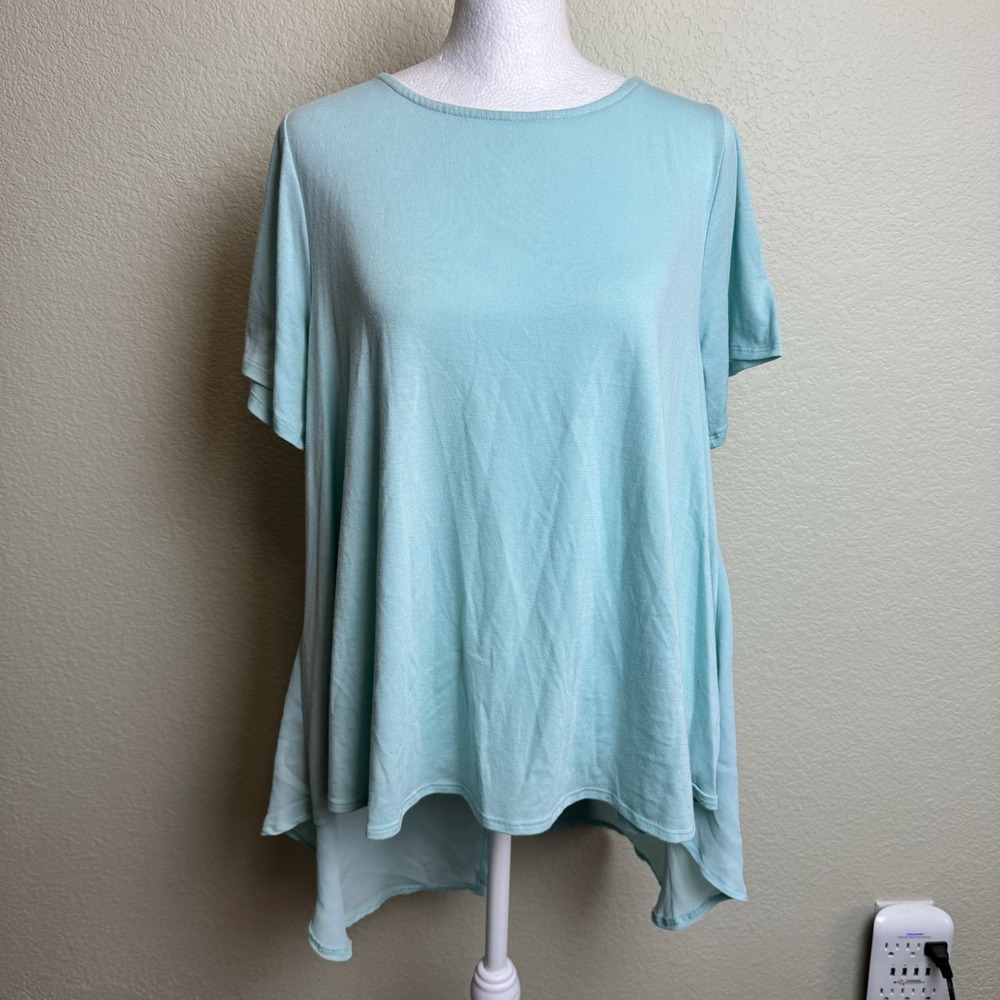 Diane Gilman DG2 Top Women XS Pastel Aqua Teal Hi Low Swing‎ Blouse Split Tail